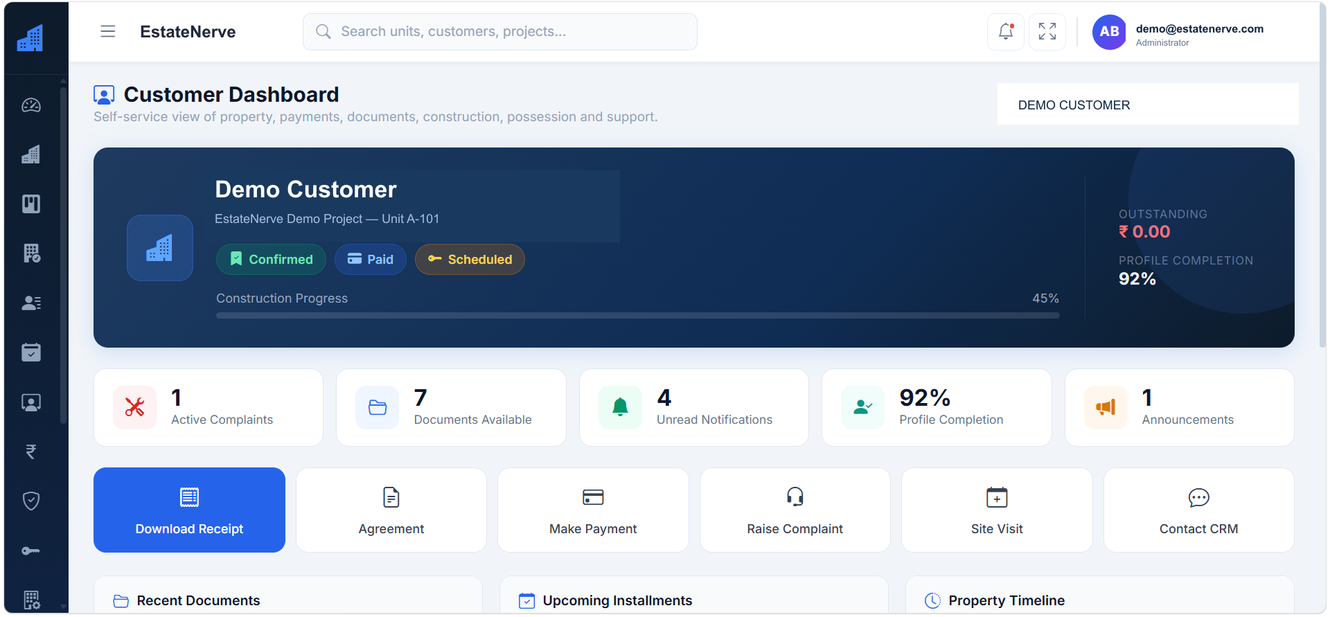 EstateNerve post-sales customer portal with payments, documents and possession progress